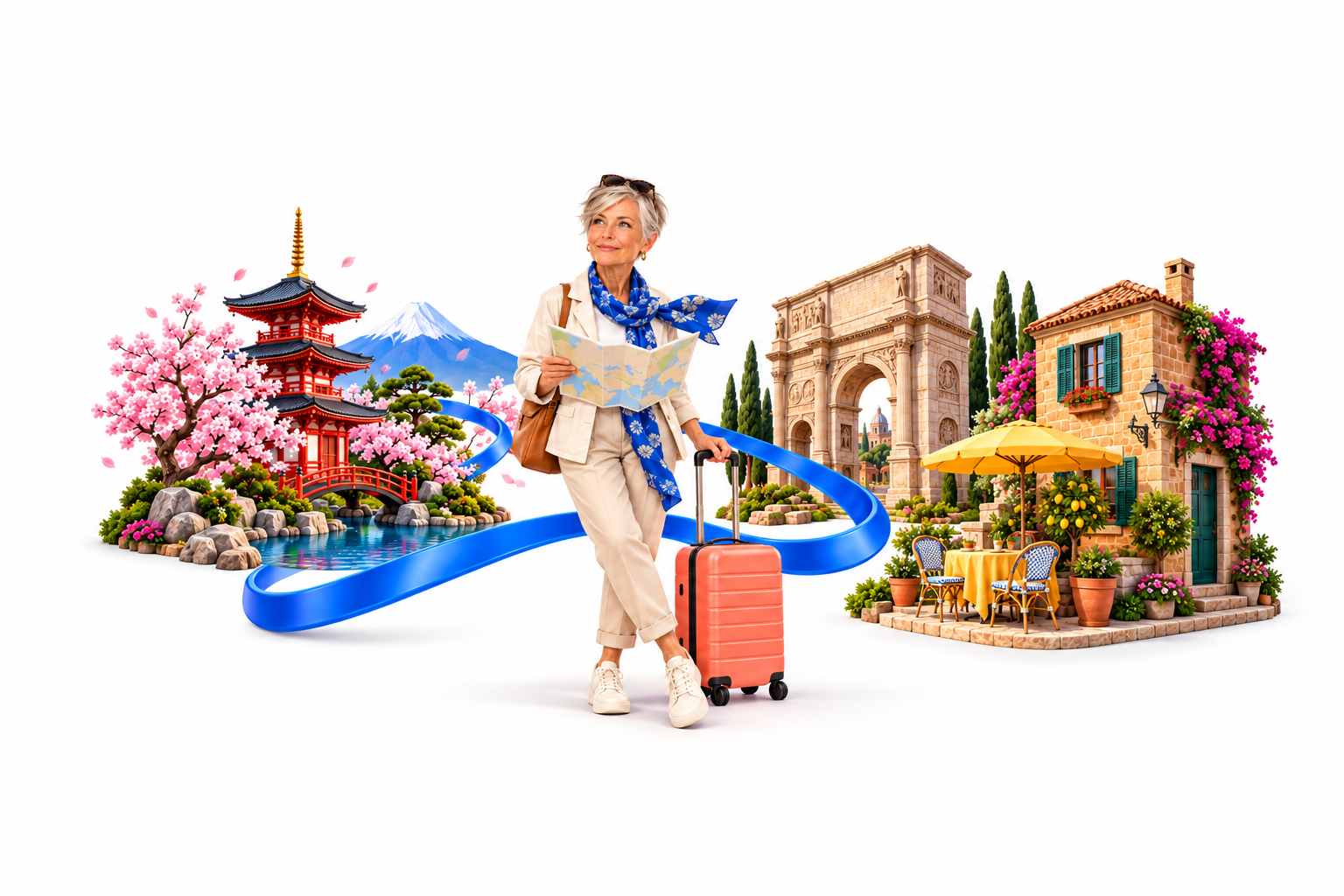Roz with a coral suitcase, Japanese temple and Italian café, connected by a winding blue route.